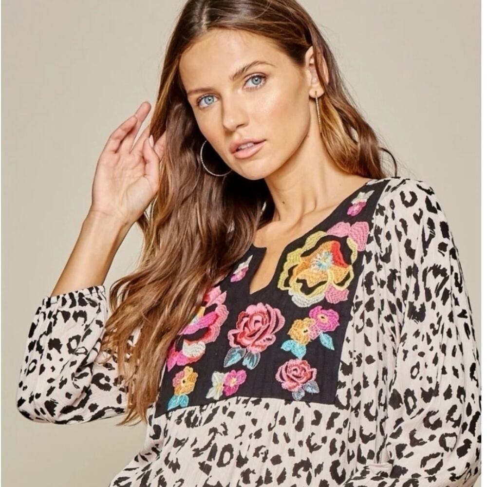 Savanna Jane Cream and Black Leopard Blouse with Multicolor Floral Embroidery